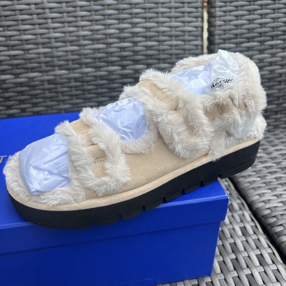 New Stuart Weitzman Zoe Lift Chill Suede Fur Sandals Cream Women's US 7B/EU37.5 - Picture 4 of 10
